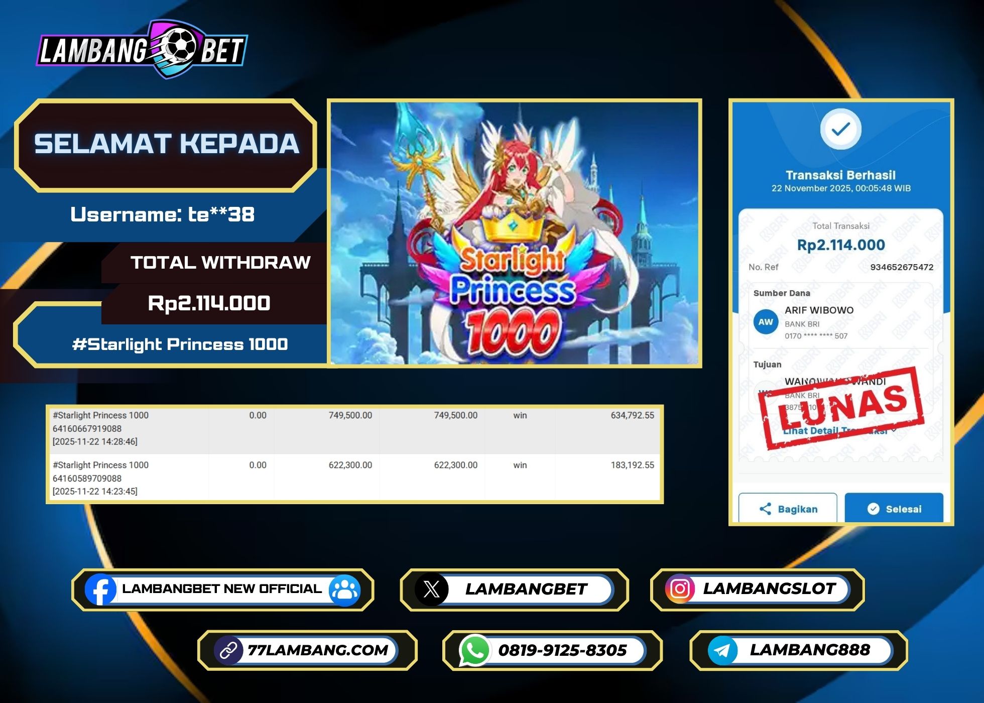 LAMBANGBET [22 NOVEMBER 2025] JACKPOT SLOT Starlight Princess 1000 "Rp2.114.000" LUNAS
